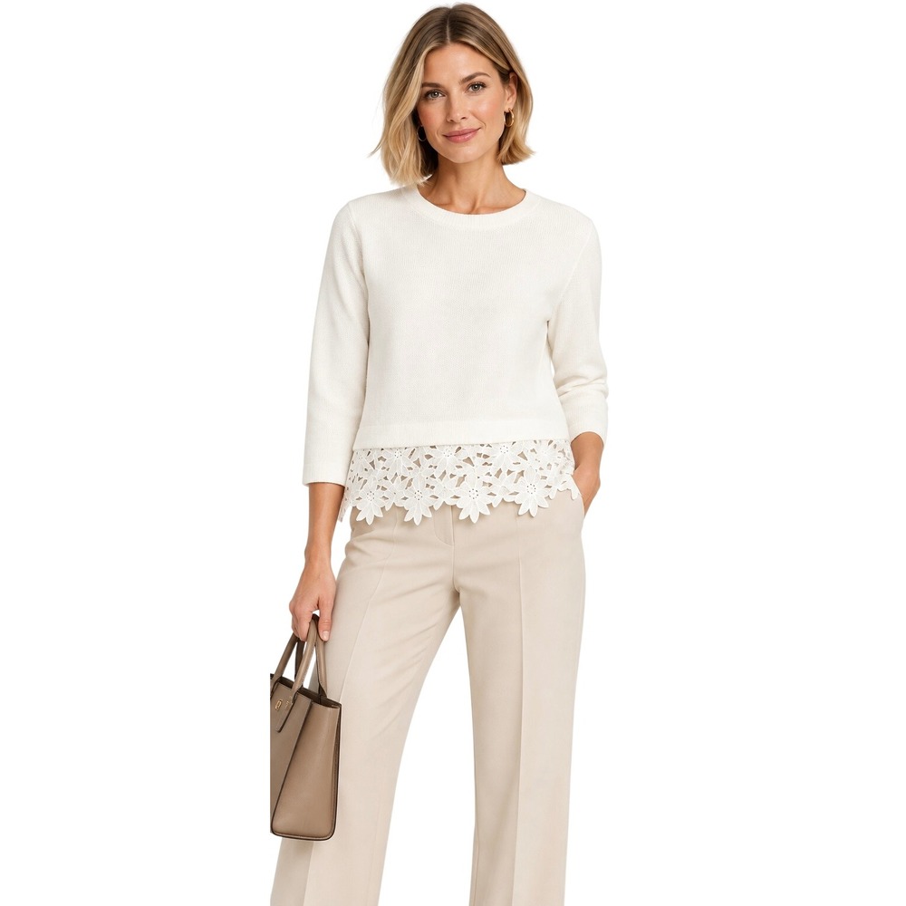 J.Crew NWOT Ivory Floral Lace Hem Sweater Top XS 3/4 Sleeve Feminine